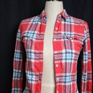 Hollister Womens Small Red Blue White Plaid Long Sleeve Button Down Shirt Fall